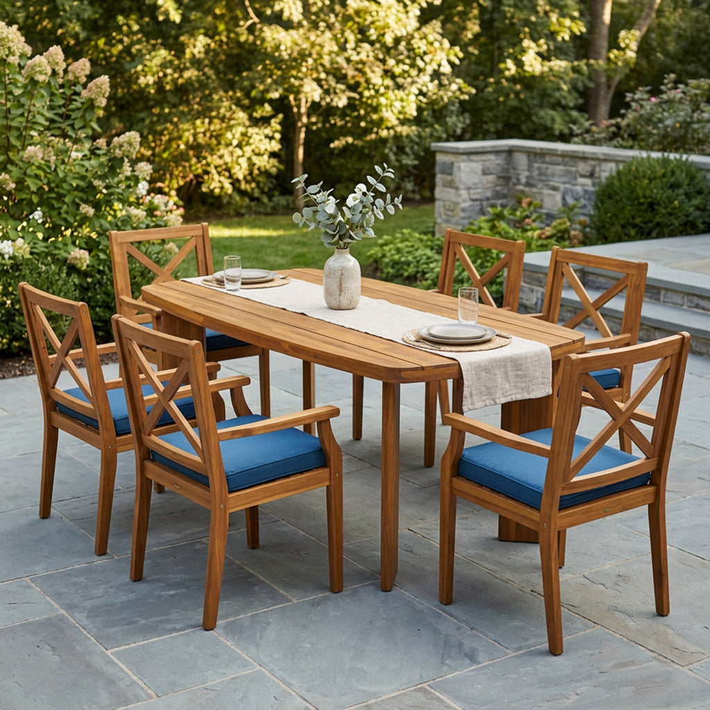 7‑Piece Acacia Wood Outdoor Dining Set, 71" Oval Teak‑Finish Wooden Table & 6 Arm Chairs with