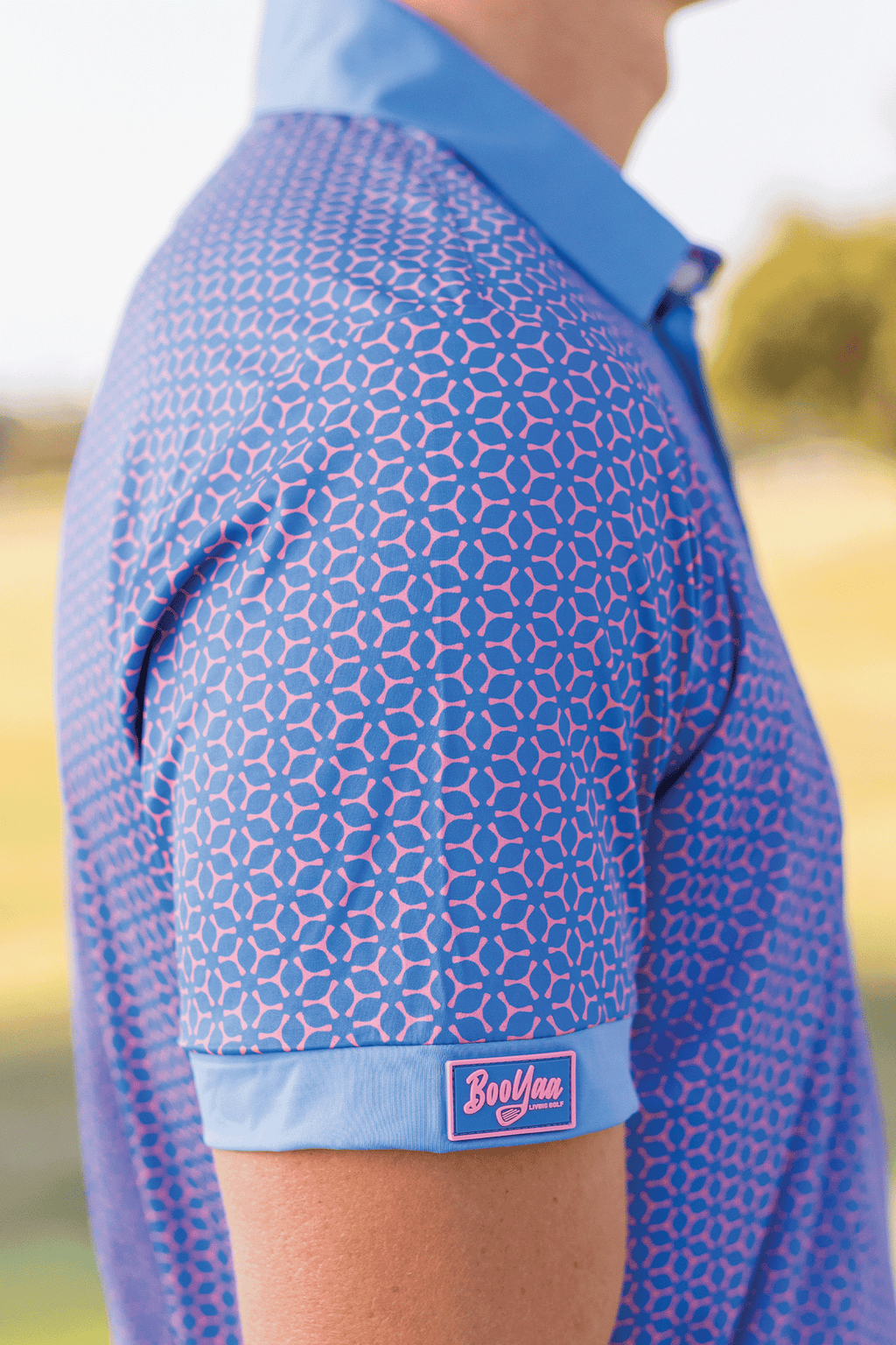 BooYaa Premium Men's Golf Polo, Fowler Pink and Blue Geometric Print, 4-Way Stretch