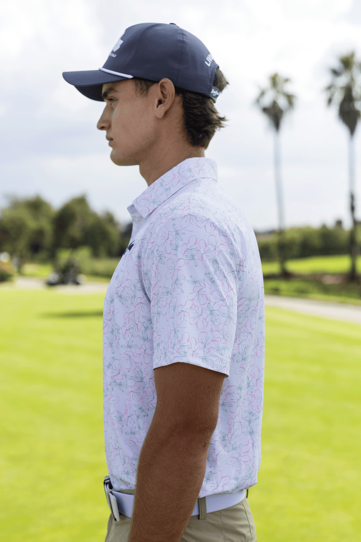 BooYaa Premium Men's Golf Polo, Rosebay White Floral Print, 4-Way Stretch, Moisture-Wicking
