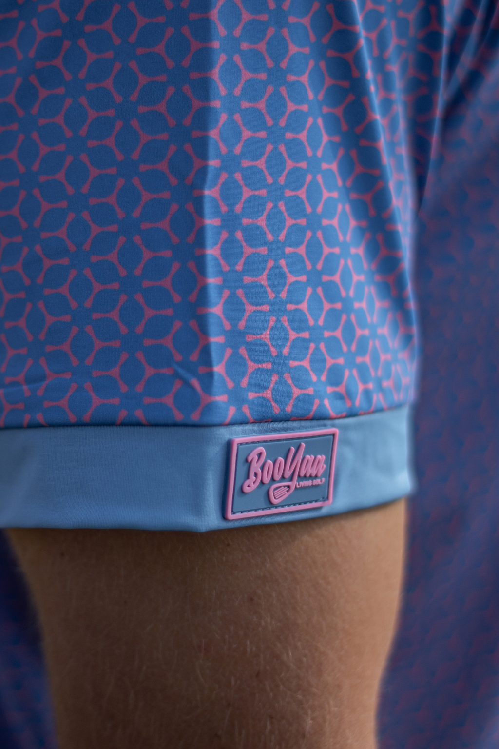 BooYaa Premium Men's Golf Polo, Fowler Pink and Blue Geometric Print, 4-Way Stretch