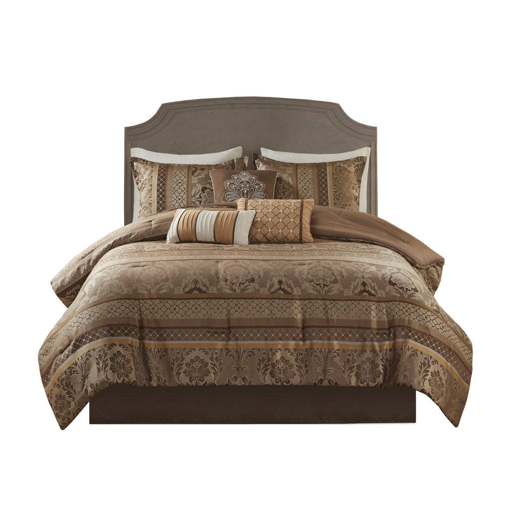 7 Piece Jacquard Comforter Set with Decorative Pillows - Brown & Gold California King