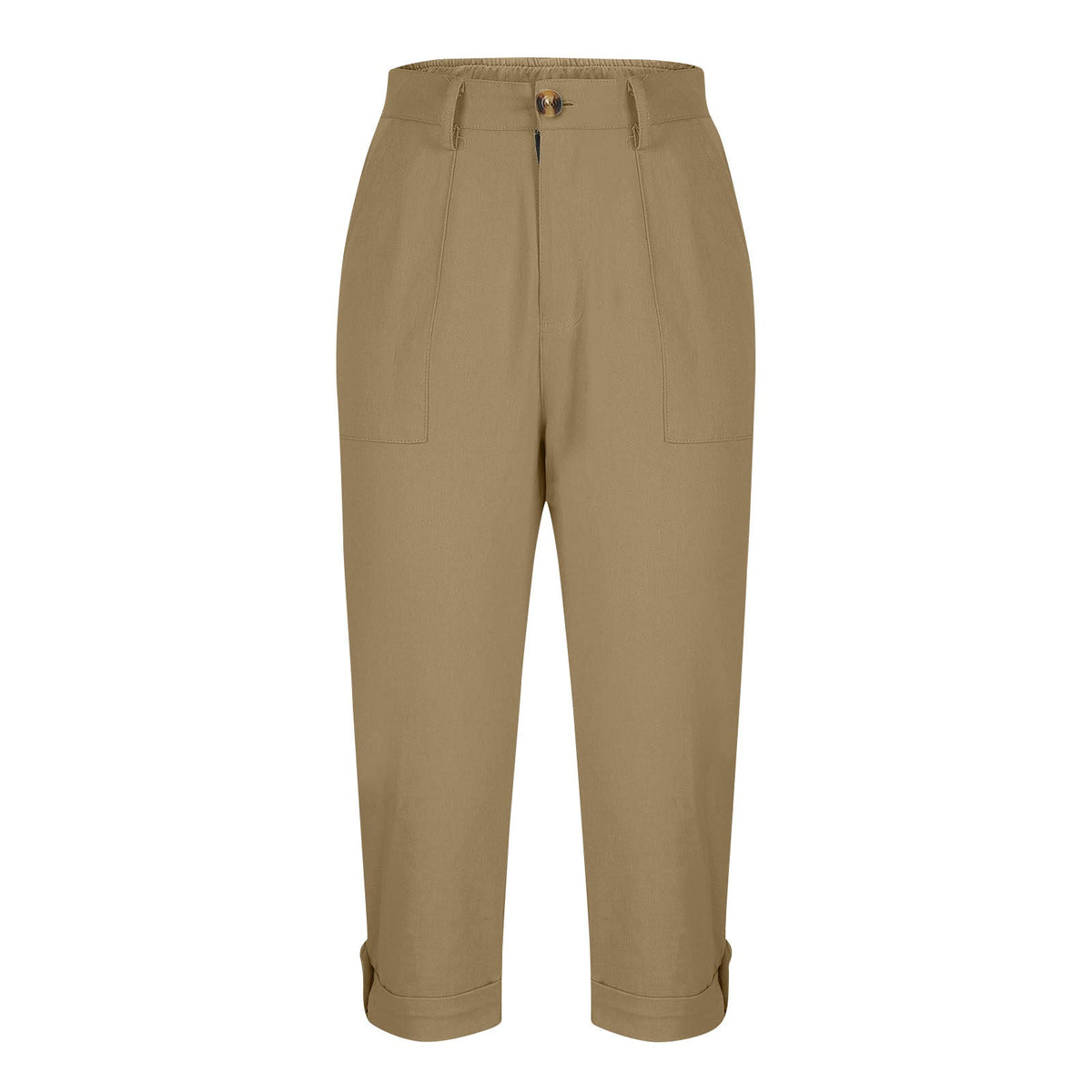 Cross-border Women's Solid Color Workwear Pants Waist Button Pants Ear Design Pants Leg Curled Women's Cropped Pants