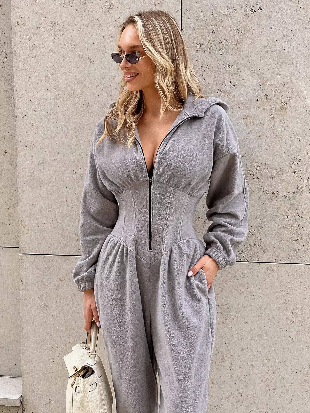 Women's Fallwinter Jumpsuit With Long Sleeves Sporty And Casual Featuring A Hood