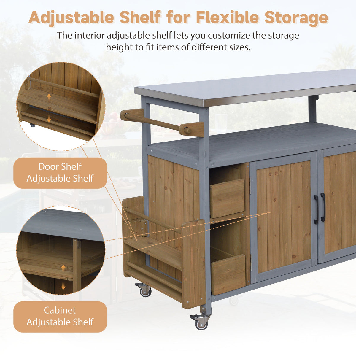 Farmhouse Rolling Outdoor Kitchen Cart with Stainless Steel Top - Blue Gray & Walnut