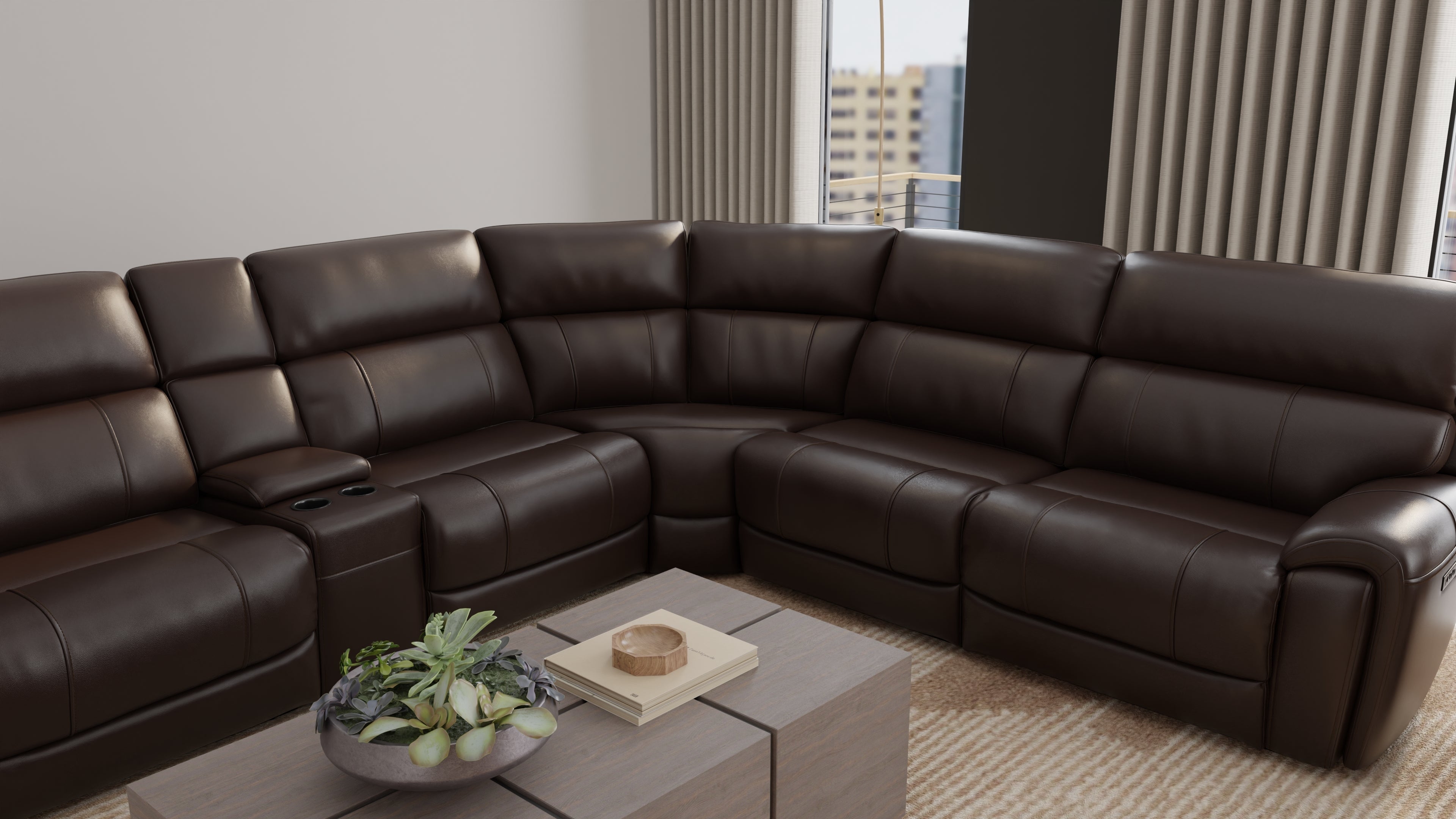 6-Piece Leather Power Sectional in Brazil Tobacco