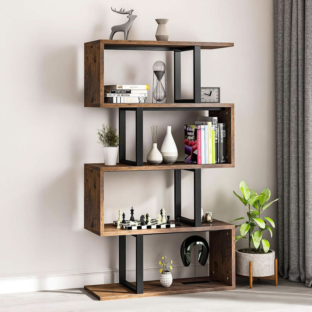 S Shaped 5 Tier Bookshelf Bookcase In Retro Brown Finish