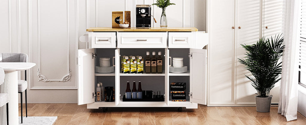 54-Inch Large Kitchen Island with Drop Leaf and Storage - White