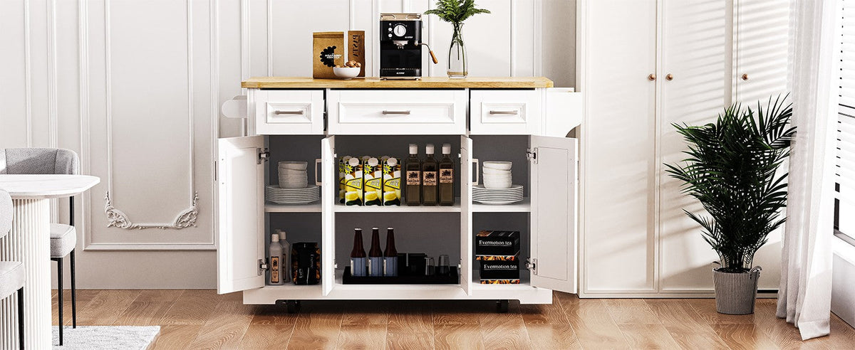 54-Inch Large Kitchen Island with Drop Leaf and Storage - White