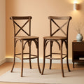 Dark Antique Wood Cross Back Barstools Set of Two