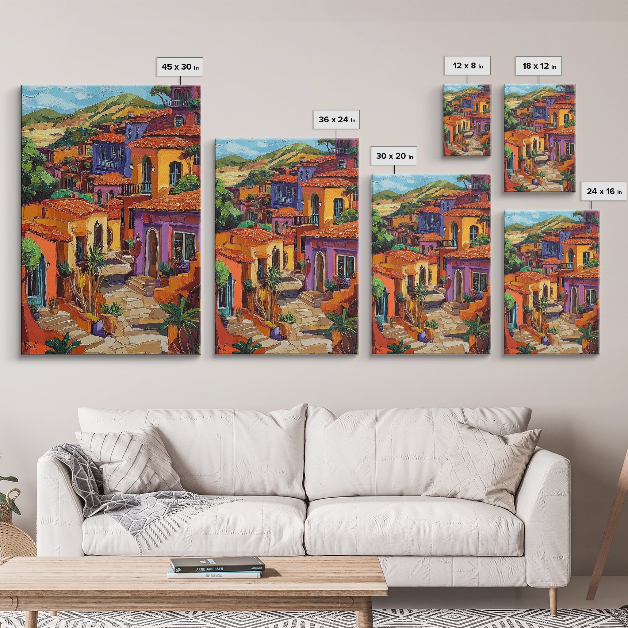 Village Warm Colorful, Spanish, Framed Canvas Print colorful village scene, rustic Mediterranean decor, patio wall art, boho sunset print
