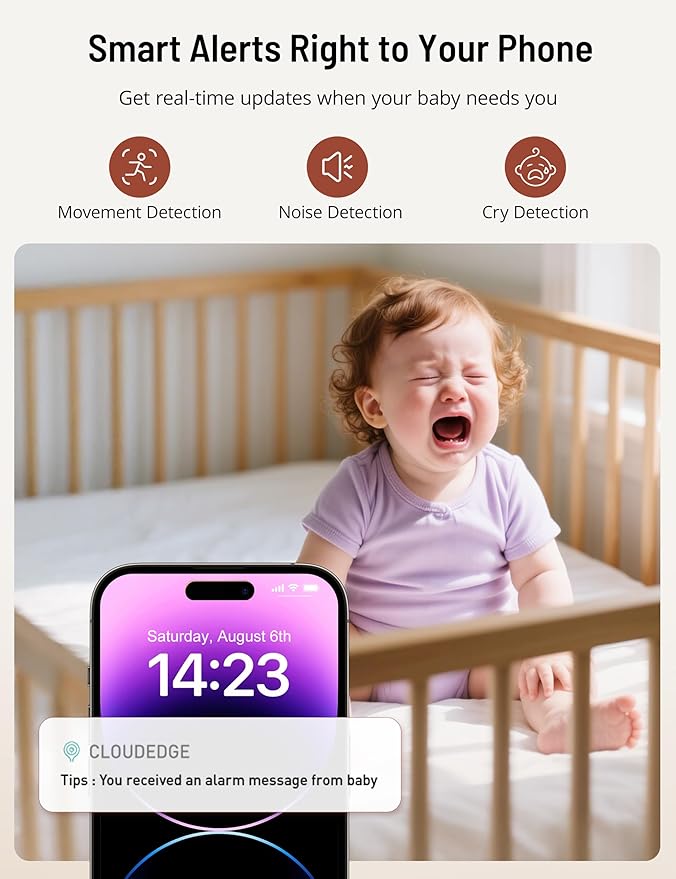 PARIS RHÔNE Video Baby Monitor, 2K UHD WiFi Camera, Night Vision, 5” Smart Baby Monitor with App Control, Motion and Cry Detection, AI Tracking, Three-Way Audio, RGB Night Light, Lullabies