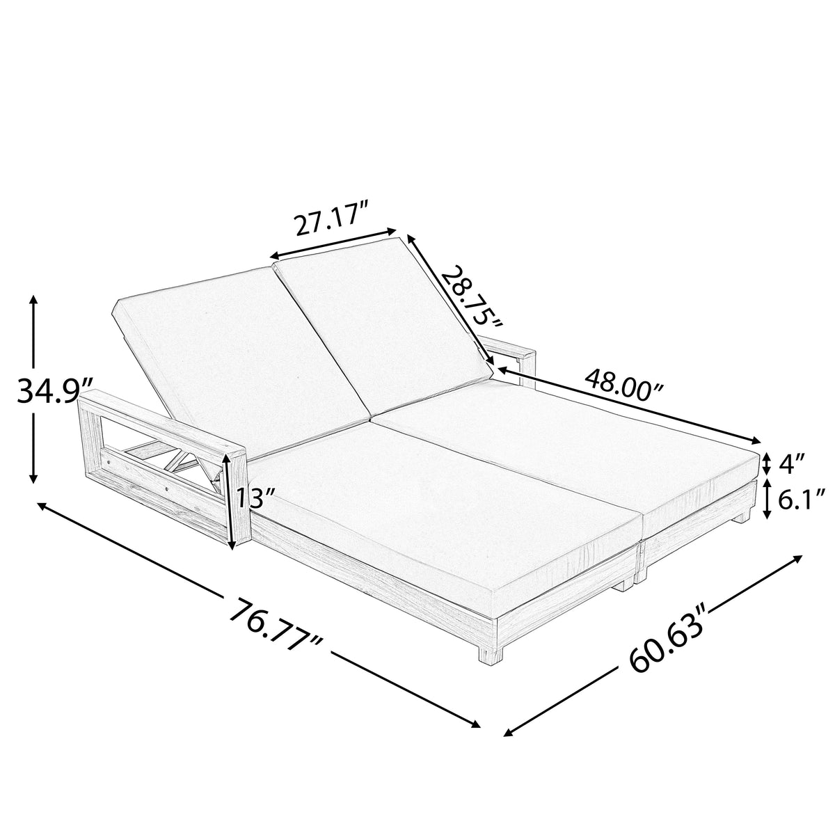Double Acacia Wood Chaise Lounge Set with Four Reclining Positions - Natural Wood