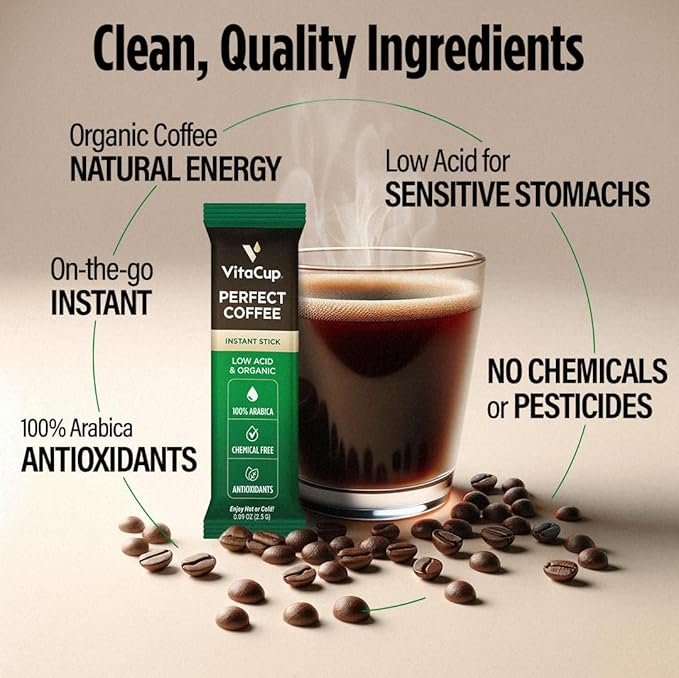 VitaCup Perfect Low Acid Instant Coffee Packets, Dark Roast Coffee, USDA Organic & Fair Trade, Third Party Tested for Mycotoxins & Pesticides, Single Origin, Clean & Pure, 24 ct
