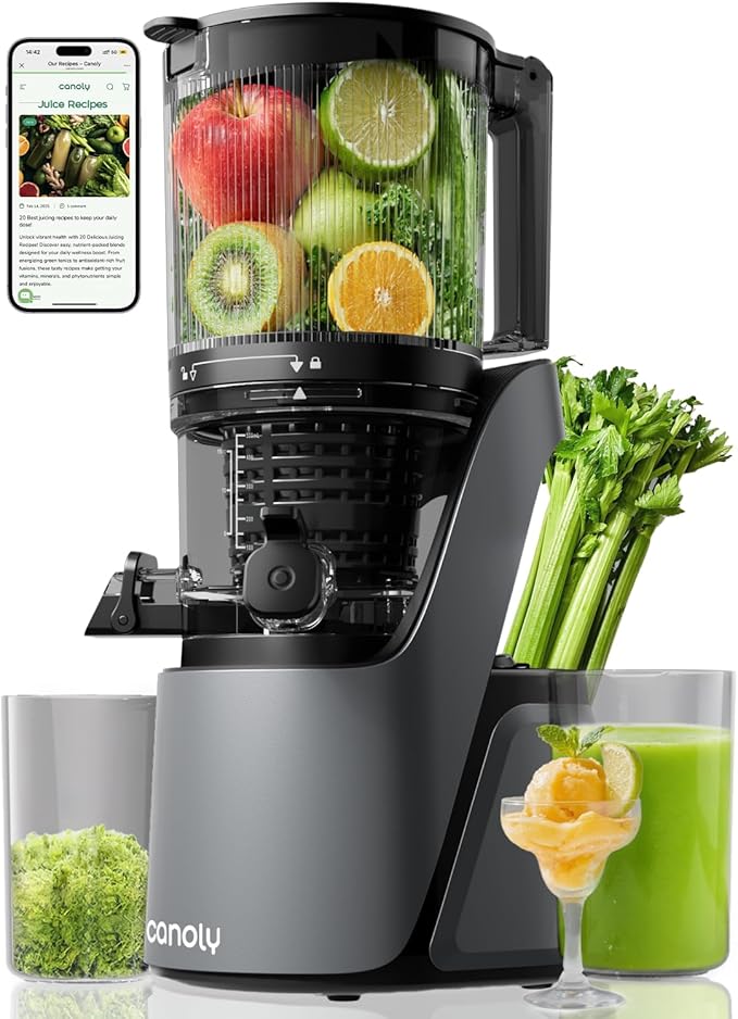 Canoly C16 Cold Press Juicer, 6" Extra Wide Feed Chute, 3-IN-1 Strainers (Juice & Sorbet & Nut Milk), Powerful AC Brushless Motor, Self Precut System, Juicer Machines with BPA-Free (Space Gray)