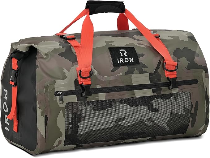 BORLENI Waterproof Motorcycle Dry Duffel Bag Luggage Tail Bag with Large Storage Space,Roll Top Closure, Shoulder Straps, Inner Pocket and Mesh Pocket for Motorcycling Travel Camping(Camouflage,50L)