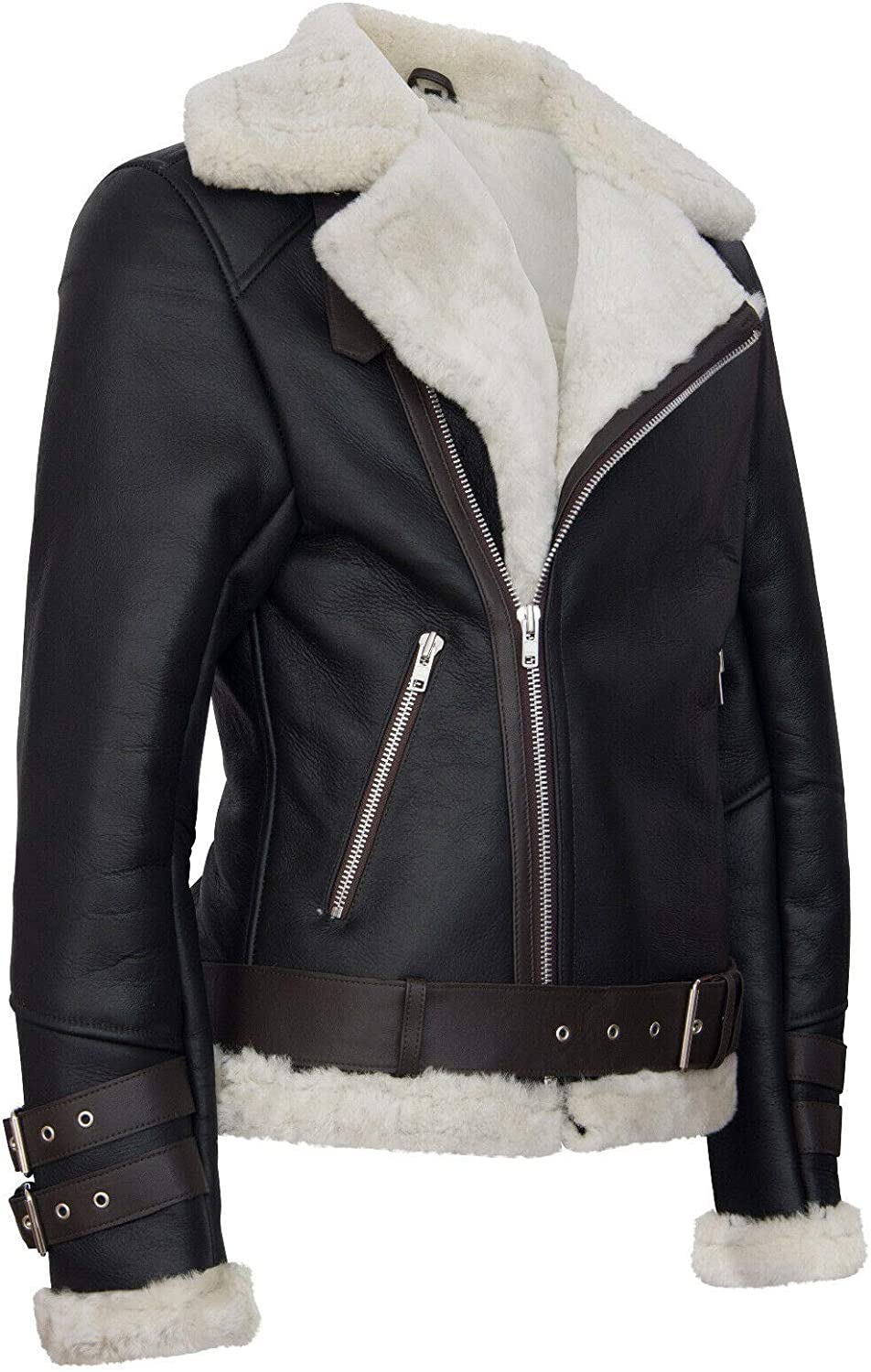 Men’s Retro RAF B3 Pilot Real Sheepskin Shearling Biker Leather Jacket