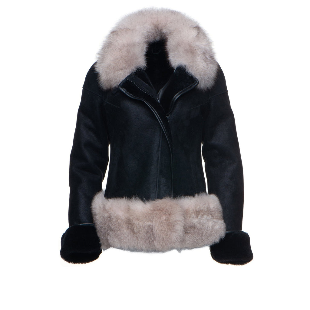 Cecily’s Black Shearling Sheepskin Jacket with Fox Fur Trim