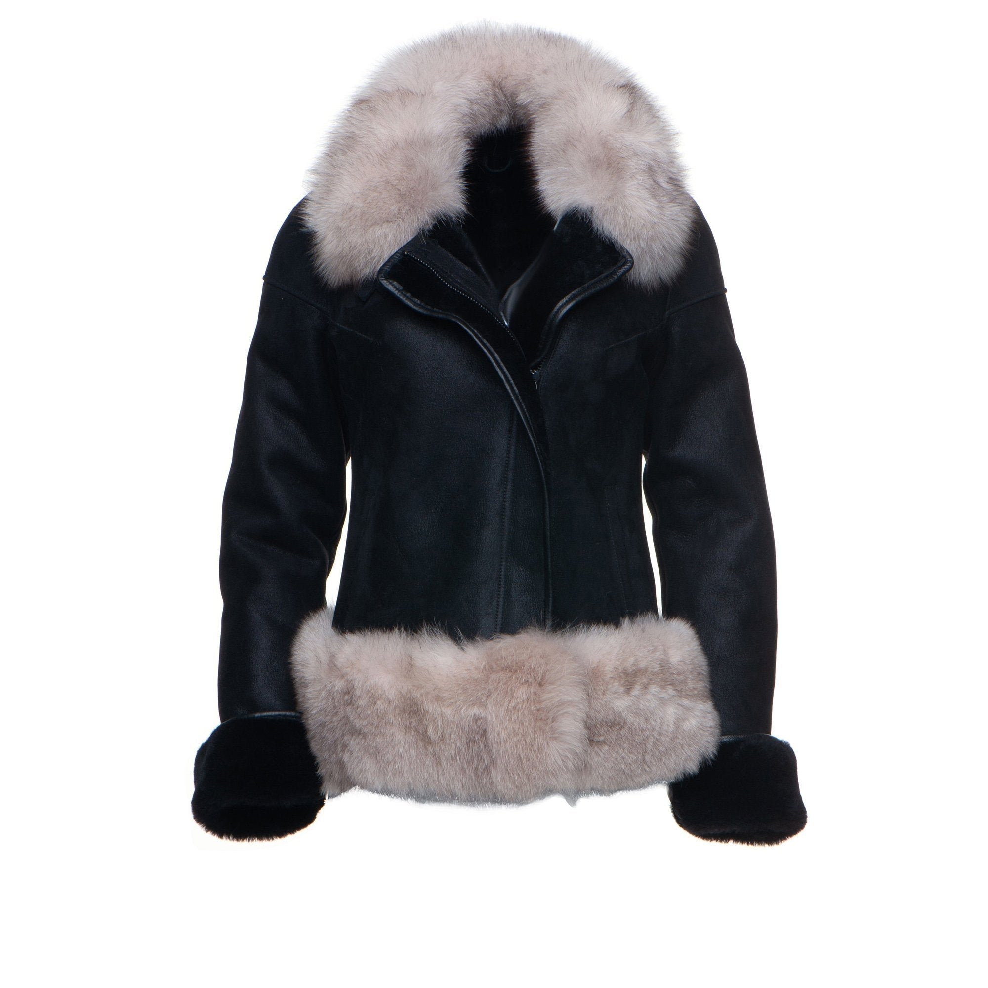 Cecily’s Black Shearling Sheepskin Jacket with Fox Fur Trim