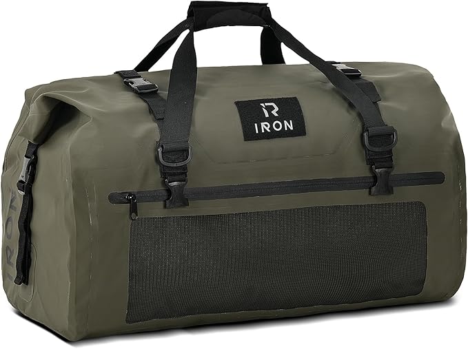 BORLENI Waterproof Motorcycle Dry Duffel Bag Luggage Tail Bag with Large Storage Space,Roll Top Closure, Shoulder Straps, Inner Pocket and Mesh Pocket for Motorcycling Travel Camping (Army Green,70L)