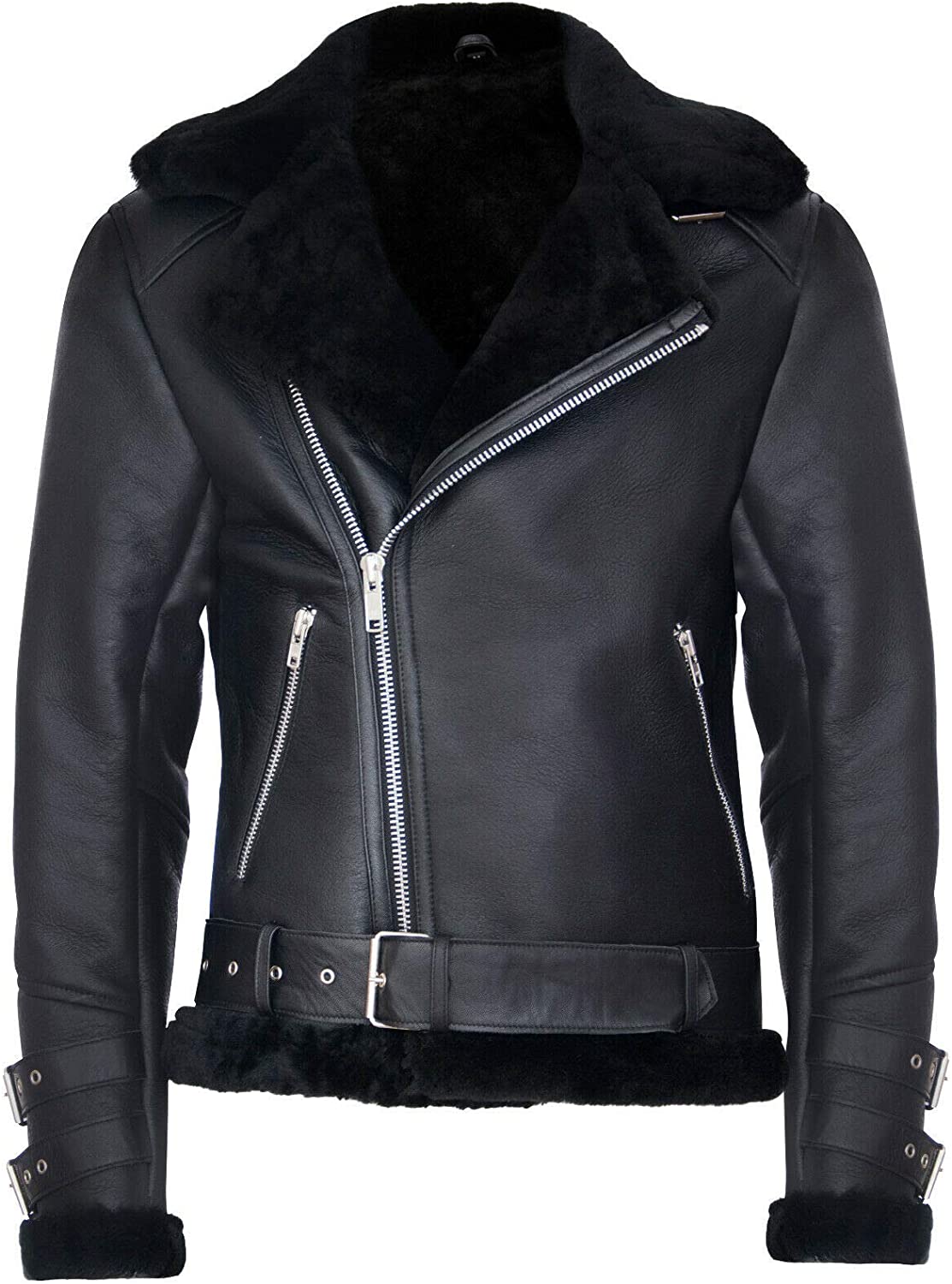 Men’s Retro RAF B3 Pilot Real Sheepskin Shearling Biker Leather Jacket
