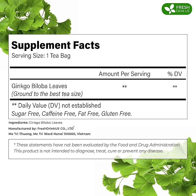 FreshDrinkUS, Premium 30 Ginkgo Biloba Leaf Tea Bags, 100% Natural & Pure from Ginkgo Biloba Leaves. Loose Leaf Herbal Tea. Made with Eco-Conscious Tea Bags. No Sugar, No Caffeine, No Gluten, Vegan.