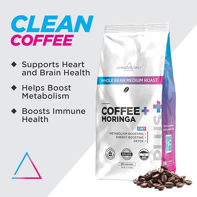 Livingood Daily Coffee with Moringa, Whole Bean Medium Roast Coffee with Plant Based Ingredients for Morning Energy, Made with Moringa Powder, Organic, Non GMO, Vegan, Gluten Free, 20 Srvgs, 12 oz Bag