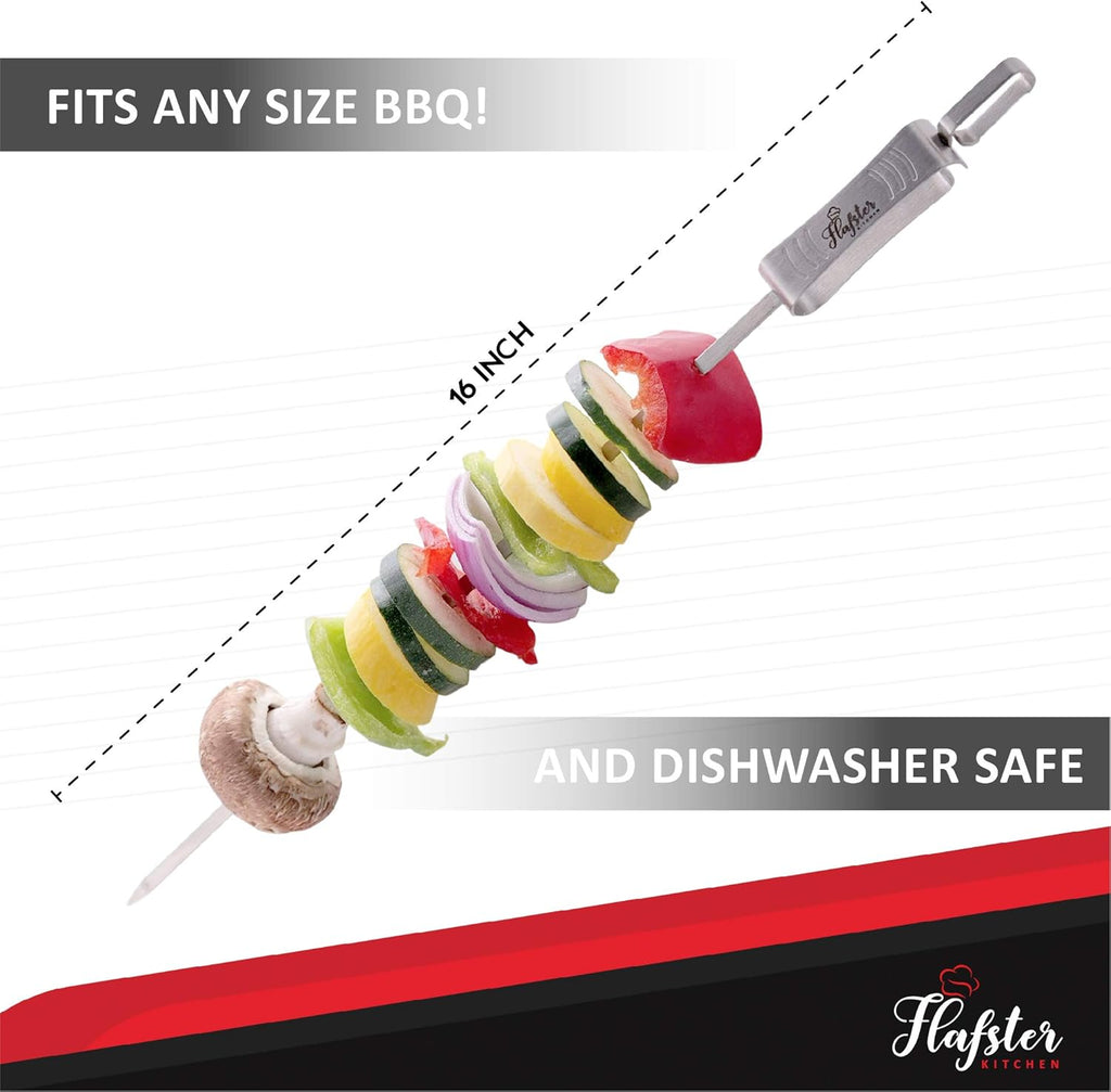 "FLAFSTER KITCHEN BBQ Skewers for Grilling - 16" Stainless Steel Flat Kebab Sticks with Push Bar, Reusable Metal Shish Kabob Skewers, Set of 6"