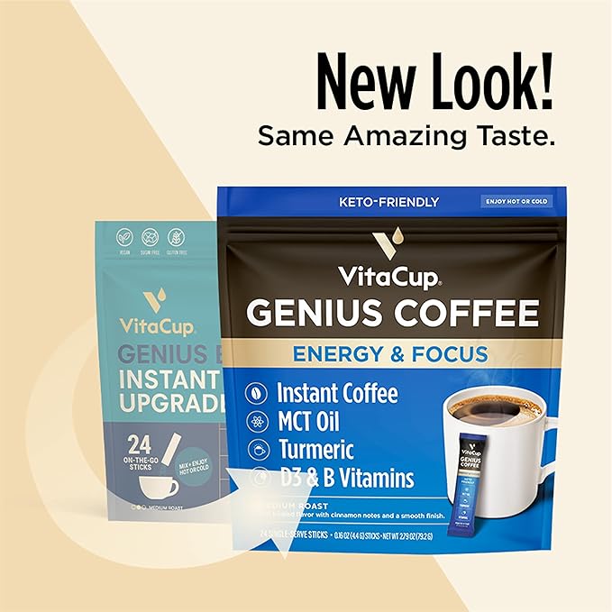 VitaCup Genius Instant Coffee Packets, Increase Energy & Focus, Keto Coffee, Serve Hot or Cold Brew, MCT Oil, Turmeric, B Vitamins, D3, Bold & Smooth,100% Arabica Coffee in Single Serve Sticks, 72 Ct