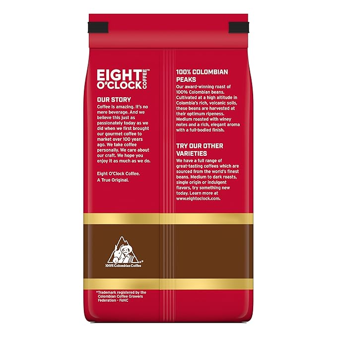 Eight O'Clock Coffee 100% Colombian Peaks Ground Coffee, Medium Roast, 20 Ounce (Pack of 1) - Rich, Winey & Full Bodied