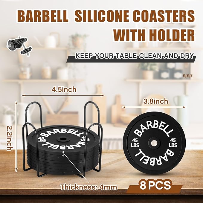 8 Pcs Barbell Bumper Plate Cool Coasters Round Silicone Coasters Weight Plate Coaster with Rack Holder for Gym Lovers Gym Accessories(Black)