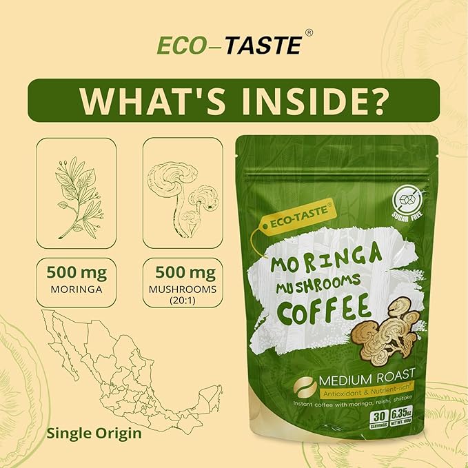 Moringa Mushroom Coffee Infused with Reishi, Moringa & Shiitake - 30% Beta-Glucans, Nutrient-rich and Antioxidants - 6.35oz (180g)