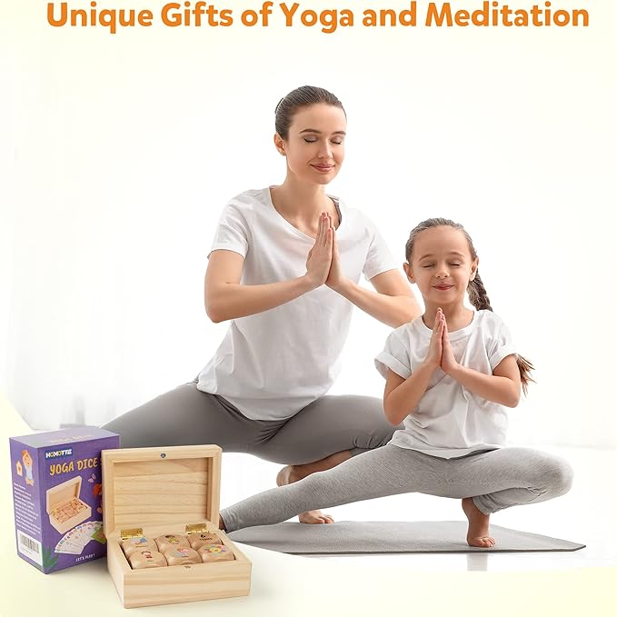 Wooden Yoga Dice Set for Kids, Fun Workout Game with 6 Exercise Dice, 12 Yoga Cards & A Box, Mindfulness Mother's Day Christmas Yoga Set for Girls & Beginners