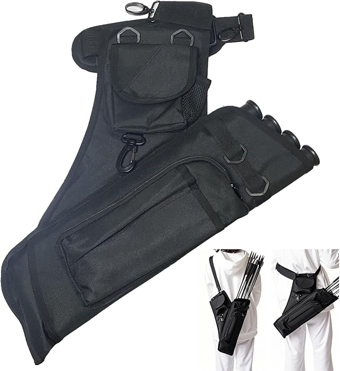 Archery Hip Quiver for Arrows with 4 Arrow Tubes Arrow Holder, Pockets for Accessories and Waist Belt