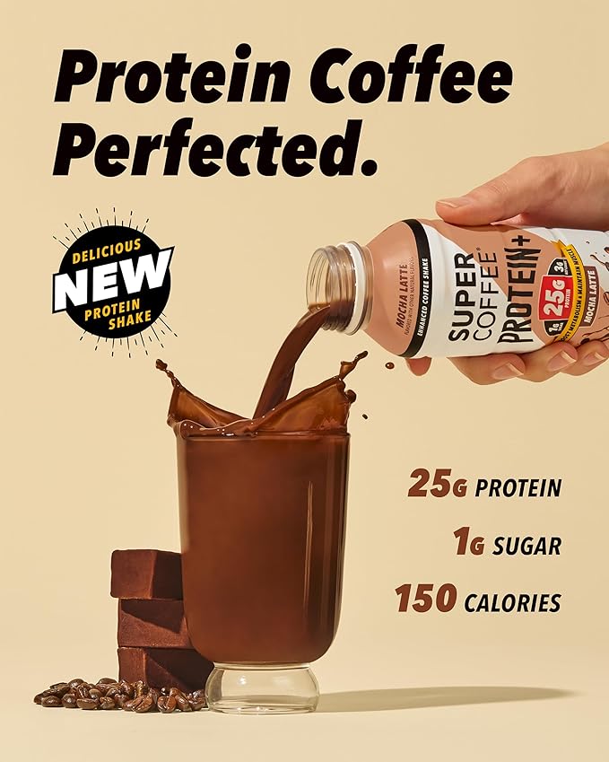 SUPER COFFEE Protein+, Keto Protein Coffee (0g Added Sugar, 25g Protein, 150 Calories) [Mocha] 12 Fl Oz, 12 Pack | Iced Smart Coffee Drinks