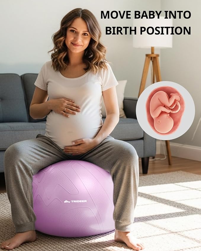 Trideer Pregnancy Birthing Ball - 1.7mm Extra Thick Yoga Ball for Maternity, Labor, Exercise, Physio, Recovery - Guide & Baby Memory Book Included - 440LB Anti-Burst & Non-Slip Stability