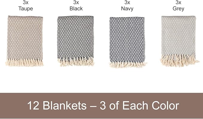 Arkwright Common Ground Bulk Blankets - Pack of 12 - Reversible 100% Cotton All Season Lightweight Couch Bed Throws for Wedding Guests, Travel, and Outdoor Events, 50 x 70 in, Diamond