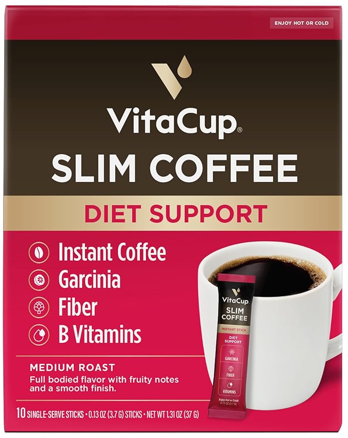 VitaCup Slim Instant Coffee Packets, with Garcinia, Fiber, B Vitamins, Bold & Smooth, Medium Dark Roast, 100% Arabica Coffee in Single Serve Sticks, 10 Ct
