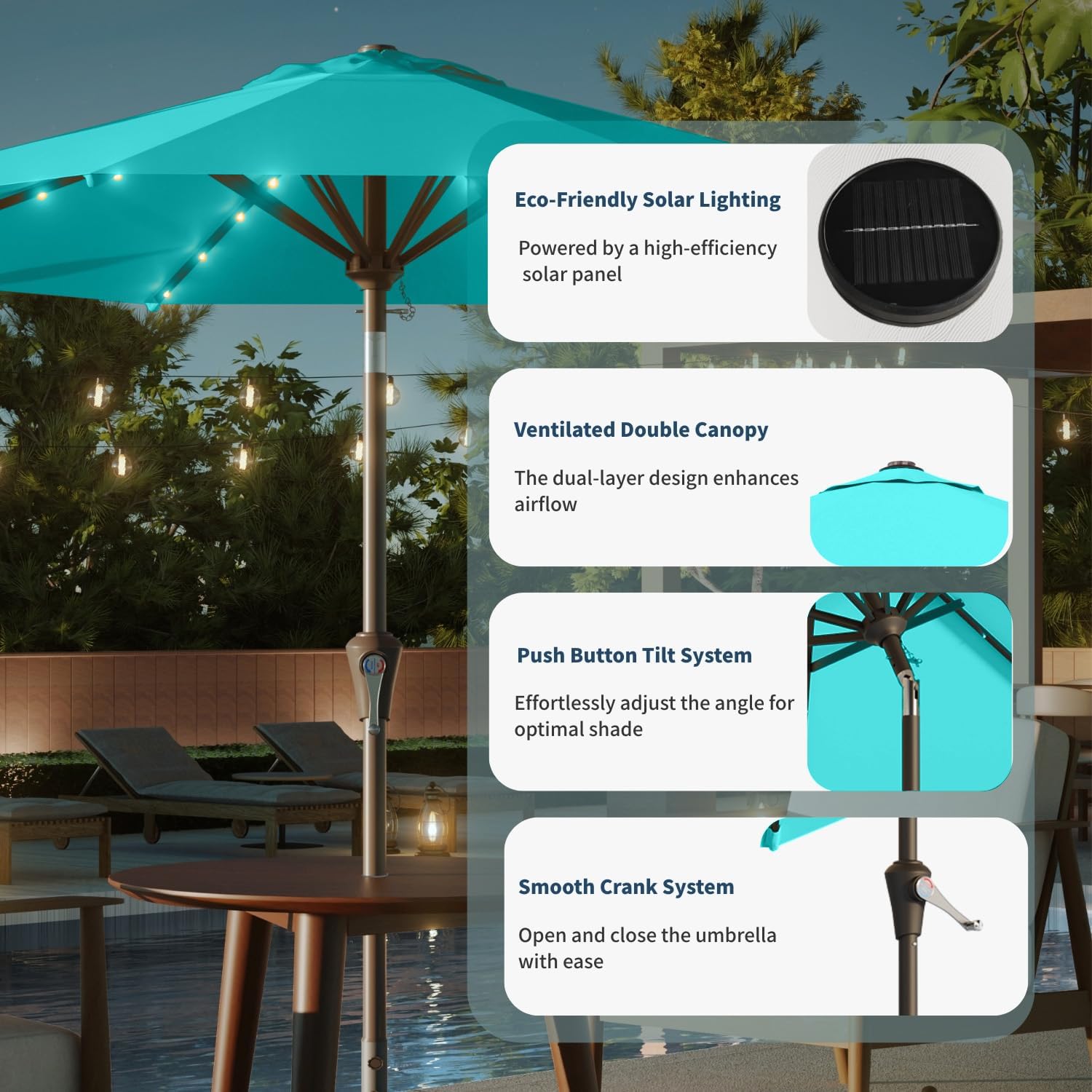 aqua blue patio umbrella with solar lights Buy 10FT 32 LED Lighted Umbrella Table Market Umbrella w/Tilt and Crank, UV-Resistant Outdoor Umbrella for Pool, Garden, Deck, It is very durable Color:Sea-Green bike bell segment helmets Mount included