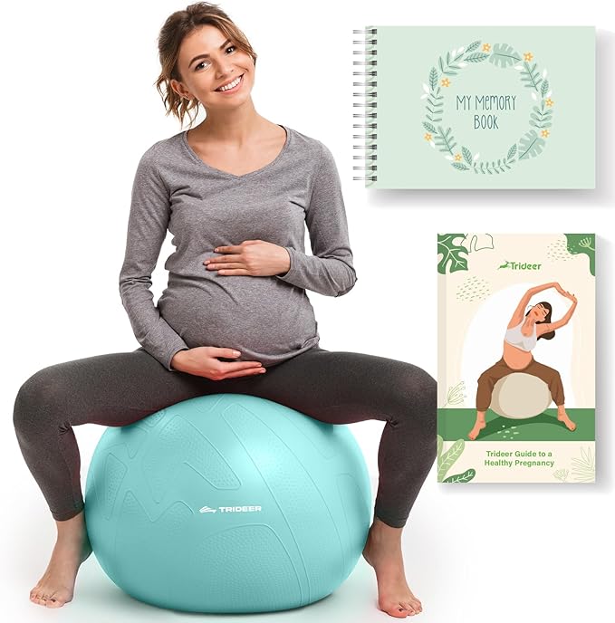 Trideer Pregnancy Birthing Ball - 1.7mm Extra Thick Yoga Ball for Maternity, Labor, Exercise, Physio, Recovery - Guide & Baby Memory Book Included - 440LB Anti-Burst & Non-Slip Stability