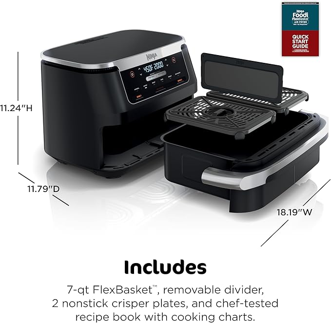 Ninja Foodi 6-in-1 FlexBasket Air Fryer with 7-QT MegaZone & Basket Divider for Large Proteins & Full Meals, Smart Finish Cook 2 Foods 2 Ways, Family Sized Capacity, Air Fry, Roast & More, Black DZ071