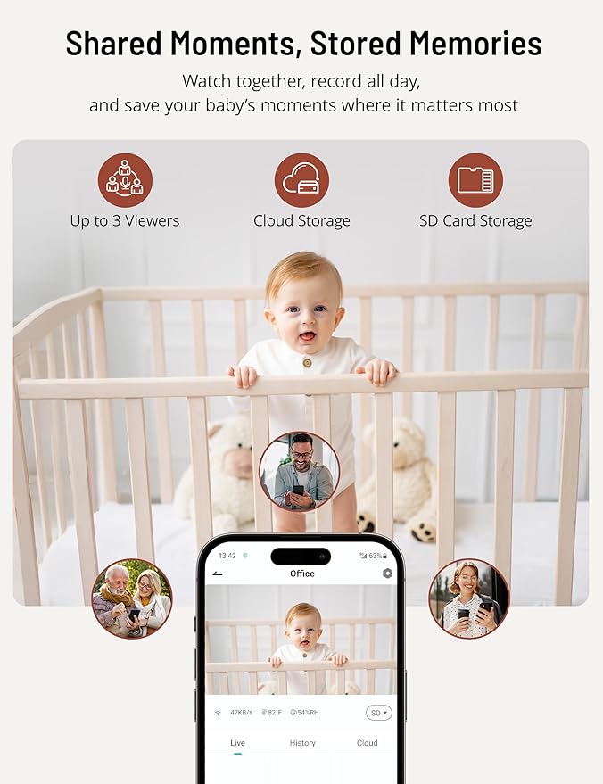 PARIS RHÔNE Video Baby Monitor, 2K UHD WiFi Camera, Night Vision, 5” Smart Baby Monitor with App Control, Motion and Cry Detection, AI Tracking, Three-Way Audio, RGB Night Light, Lullabies
