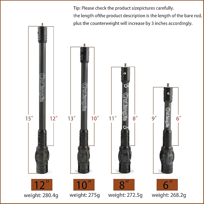 AMEYXGS Bow Stabilizer for Compound Bow, 6" 8" 10" 12" Rod Balance Bar with Damping System and Weights Shock Absorber for Compound Bow Archery Accessory