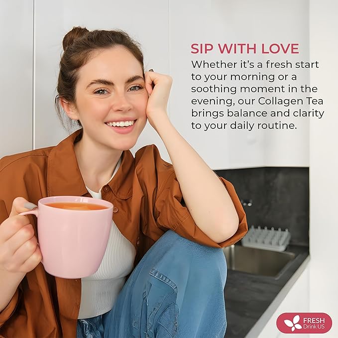 FreshDrinkUS, Premium Collagen Herbal Tea – 30 Tea Bags | Cinnamon Stick, Hibiscus, Dandelion Root, Moringa Leaves, Rose Hip, Ginger, Fennel Seed, Boswellia | Caffeine-Free, Natural Flavorful Blend