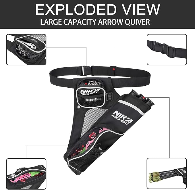 Archery Arrow Quiver Holder, 3-Tubes Hip Quiver Arrow Bag with Adjustable Belt for Youth & Adults Arrows Hunting Target Practicing