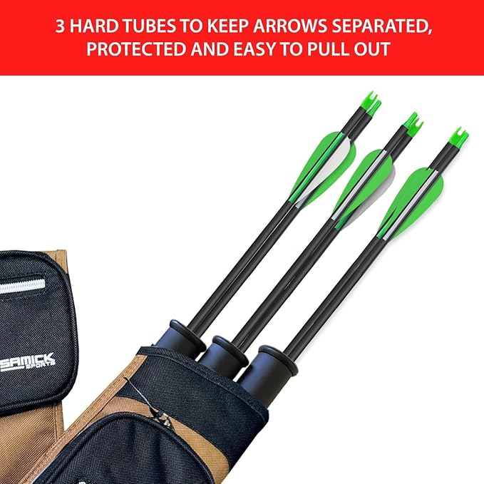 Archery Arrow Quiver - Adjustable Waist Hanged Quiver with 3 Removable Tubes & Pockets for Archery Arrows Case & Equipment - Ideal for Hunting & Target Practice - Right Handed Only