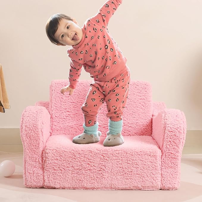 Kids Chairs for Toddler, 2-in-1 Toddler Soft Sherpa Couch Fold Out, Convertible Sofa to Lounger for Girls and Boys, Pink