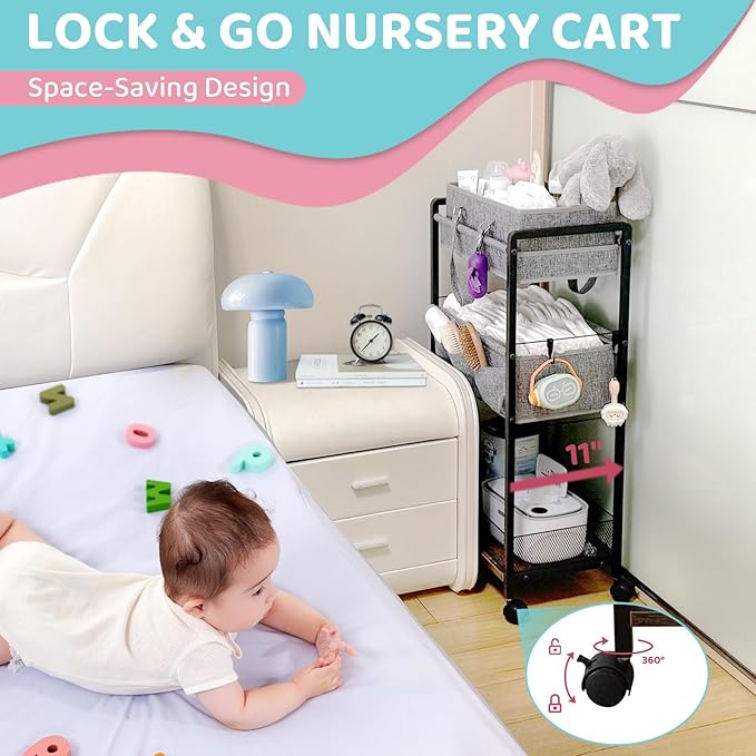 2IN1 Baby Diaper Caddy Organizer-3 Tier Rolling Storage Cart with Dividers - Bedside Diaper Caddy Cart for Baby Nursery Newborn Essentials-Mobile Utility Carts with Wheels for Changing Table