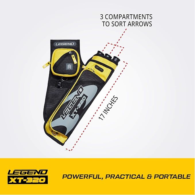 LEGEND XT320 Archery Quivers - Nylon Hip Quivers with 3 Arrow Tube Cases for Target Shooting - Adjustable Waist Belt, T-Slot, Storage Compartments for Accessories, Gear, Tools, Release Tab, Score Card