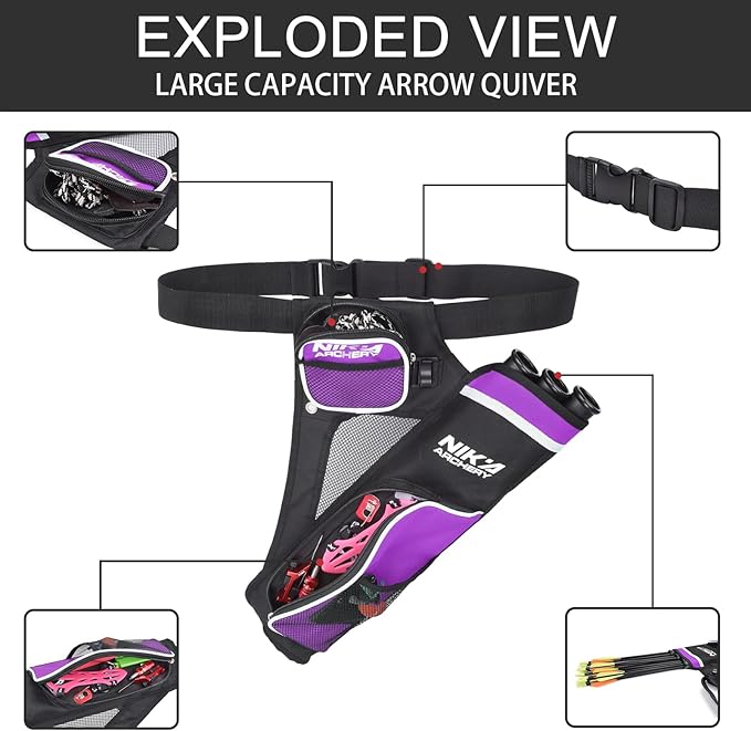 Archery Arrow Quiver Holder, 3-Tubes Hip Quiver Arrow Bag with Adjustable Belt for Youth & Adults Arrows Hunting Target Practicing