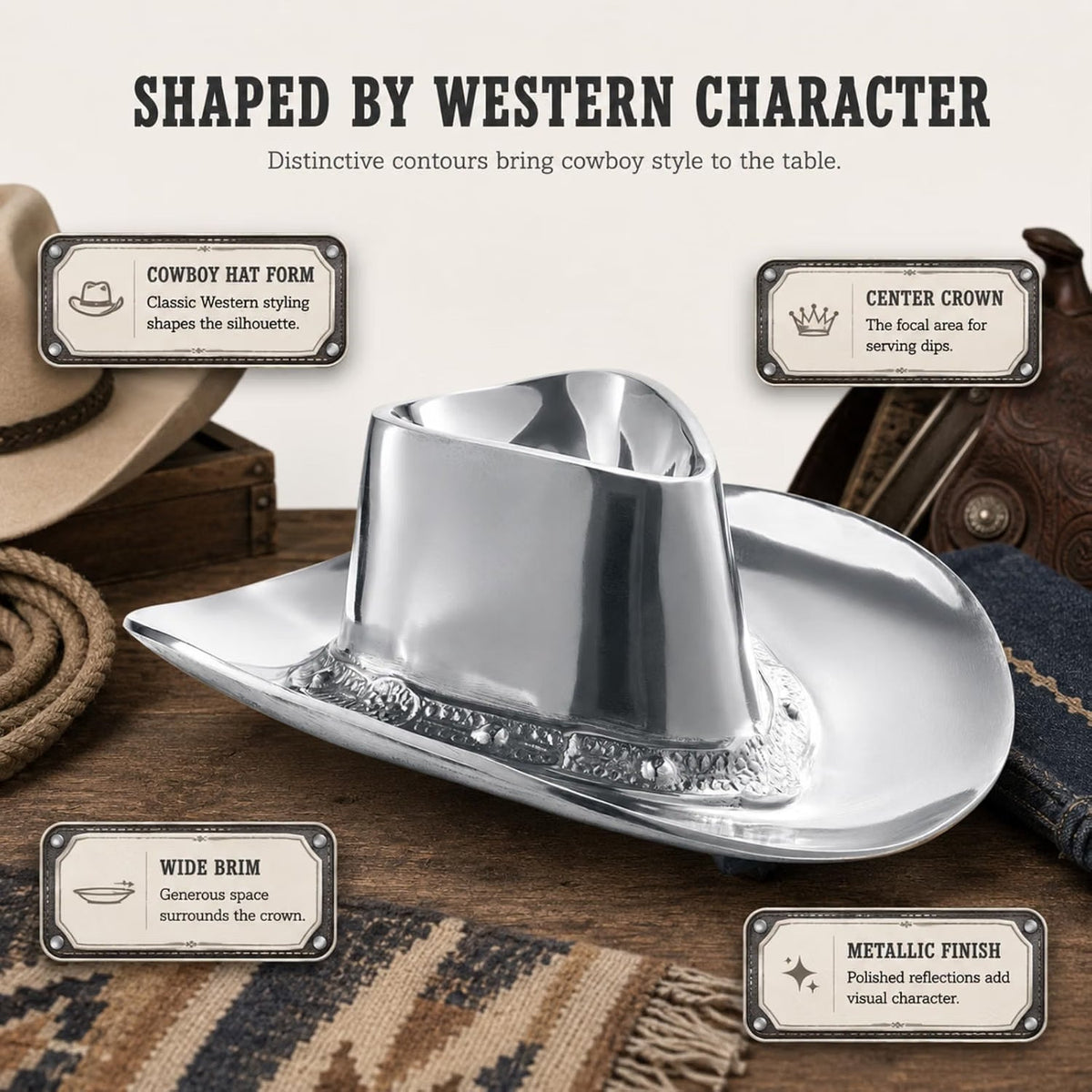 Cowboy Hat Chip and Dip Serving Bowl Silver Brass Snack